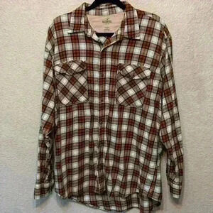 Orange plaid flannel by Red Head sz L casual fall outdoor engagement photo